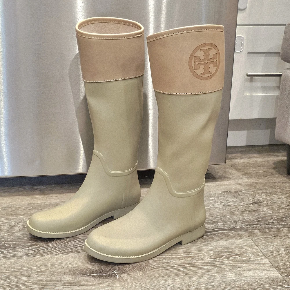 TORY BURCH Gray & Tan Over the Knee Rain Boots Grey